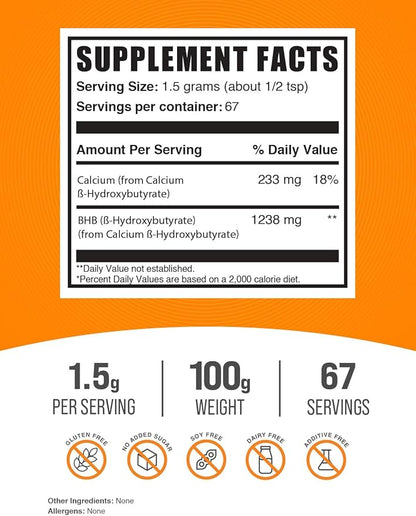 BulkSupplements.com Calcium BHB Powder - Beta-HydroxyButyrate Powder, BHB Supplement - BHB Salts, Electrolytes Supplement - Unflavored, 1500mg per Serving, 100g (3.5 oz) (Pack of 1)