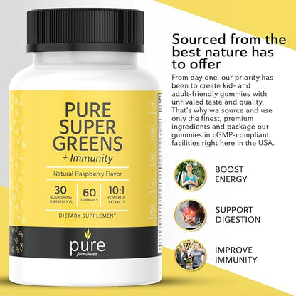 Super Greens Multivitamin Gummies for Men & Women - Adult Immune Support Gummies - 30 Superfoods Vegan Supplements - Natural Raspberry Flavor (60 Count)