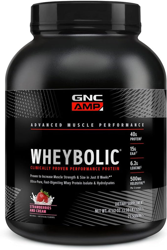 GNC AMP Wheybolic Whey Protein Powder Isolate with BCAA | Targeted Muscle Building and Workout Support Formula | Gluten Free | Strawberries and Cream | 25 Servings