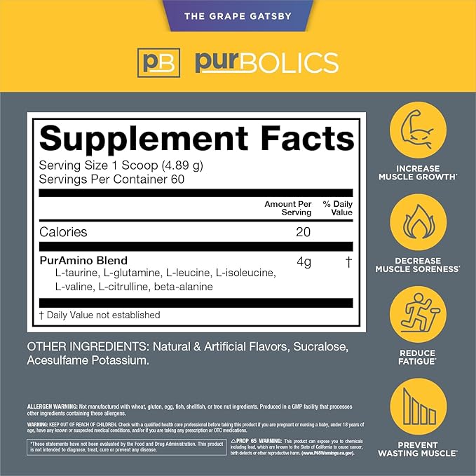 Aminos | 4g of Free-Form Amino Acids, Beta-Alanine, 0 Sugar & 60 Servings (Grape Gatsby)