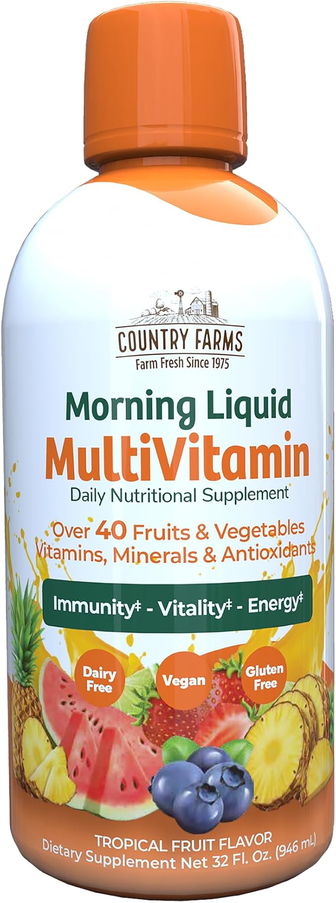 COUNTRY FARMS Liquid Multivitamin, Vitamins and Minerals for Immune Support and Energy, Herbal Blend, Vegan, Multivitamin for Women and Men, Gluten Free, Tropical Fruit Flavor, 32 fl oz