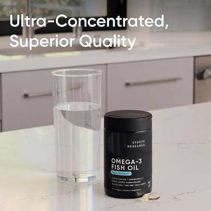 Sports Research Triple Strength Omega 3 Fish Oil - Burpless Fish Oil Supplement w/EPA & DHA Fatty Acids from Single-Source Wild Alaska Pollock - 1250 mg, 90 ct