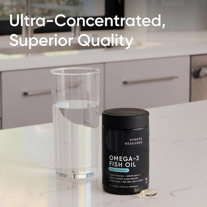Sports Research Triple Strength Omega 3 Fish Oil - Burpless Fish Oil Supplement w/EPA & DHA Fatty Acids from Single-Source Wild Alaska Pollock - 1250 mg, 90 ct