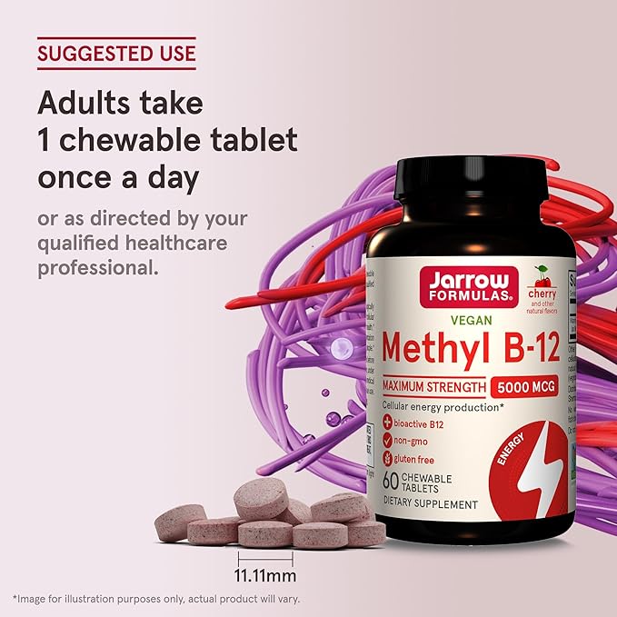 Jarrow Formulas Maximum Strength Methyl B-12 5000 mcg, Dietary Supplement for Cellular Energy Production and Brain Health Support, 60 Cherry-Flavored Chewable Tablets, 60 Day Supply
