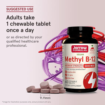 Jarrow Formulas Maximum Strength Methyl B-12 5000 mcg, Dietary Supplement for Cellular Energy Production and Brain Health Support, 60 Cherry-Flavored Chewable Tablets, 60 Day Supply