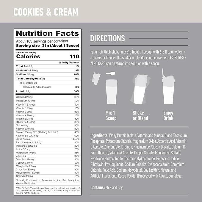 Isopure Protein Powder, Zero Carb Whey Isolate, Gluten Free, Lactose Free, 25g Protein, Keto Friendly, Cookies & Cream, 7.5 Pound (Packaging May Vary)