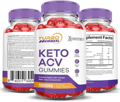 Turbo Ripped Keto ACV Gummies Advanced Formula 1000MG Turbo Ripped Keto Gummies Apple Cider Vinegar Formulated with Pomegranate Beet Juice Powder B12 Vegan Non GMO 60 Gummys