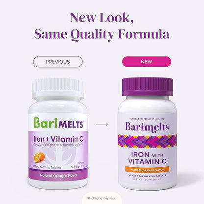 Barimelts Iron with Vitamin C - 90 Fast-Dissolving Tablets (1-Month Supply) - Sugar-Free Bariatric Iron Supplement for Women, Natural Orange Flavor