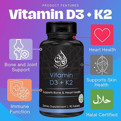 Halal Vitamin D3 with K2 Chewable Tablets - Vitamin D 2000 iu + Menaquinone-7 (MK7) | Supports Heart Health, Bones, and Muscles Health | 90 Count for Men and Women