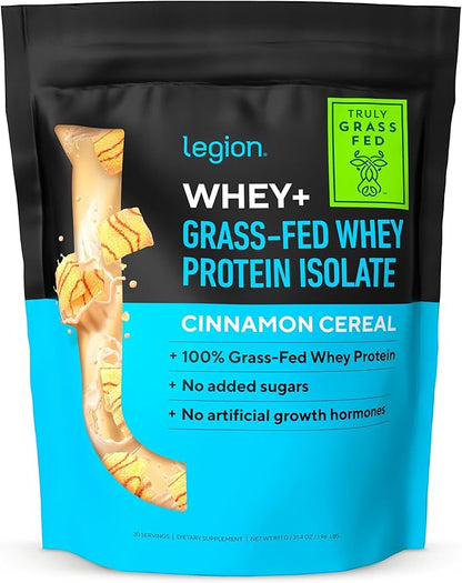 LEGION Whey+ Whey Protein Powder (Cinnamon Cereal) - Low Carb and Calorie Whey Isolate Protein Powder - Non-GMO, Lactose-Free, Sugar-Free Whey Protein Isolate Powder from Grass Fed Cows (30 Servings)