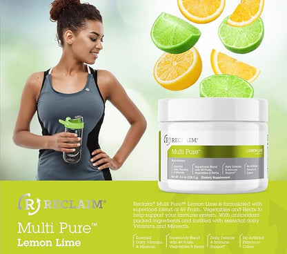 Reclaim Multi Pure Lemon Lime, Immune Support, Vitamin C, Vitamin B Complex, Probiotic, Superfood Powder, Calcium, Magnesium Oxide, (30 Servings) (Lemon Lime)