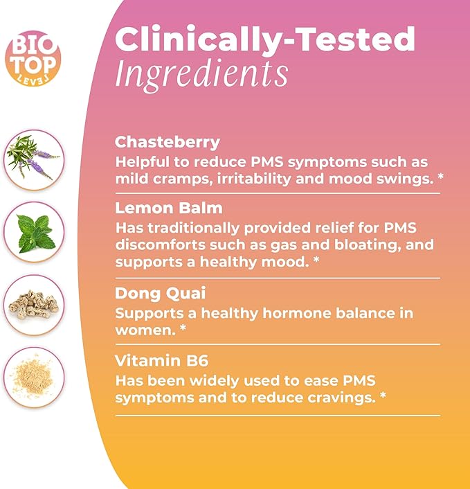 PMS Support Supplement for Women & PMS Relief, Hormone Balance & Menstrual Period Relief for Cramps, Bloating & Mood Swings with Chasteberry, Vitamin B6, Lemon Balm, Dong Quai, 30 Count