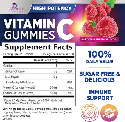 Zero Sugar Vitamin C Gummies - Immune Support & Antioxidant Vitamin Dietary Supplement - Vegan, Non-GMO, Dairy & Gluten Free C Vitamin Gummy - Raspberry Flavor for Kids & Adults - 60 Count Gummies