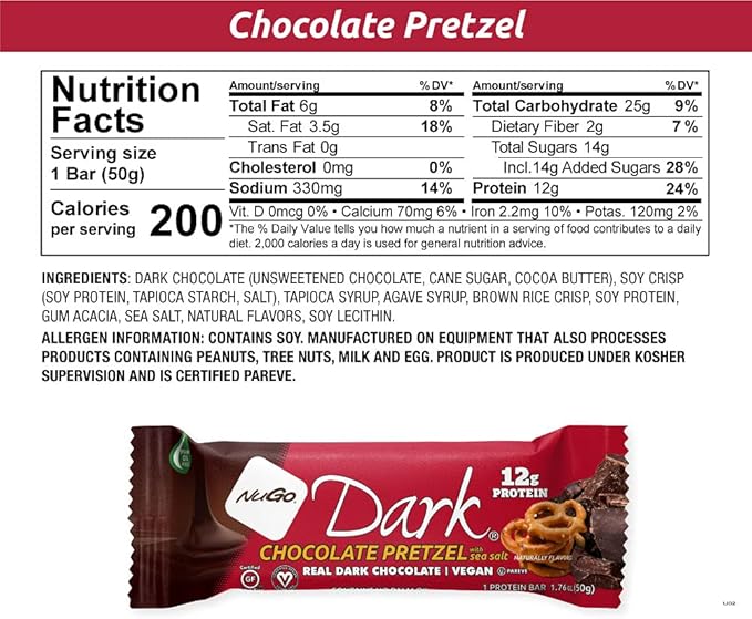 NuGo Dark Variety - Chocolate Pretzel 12 Bars & Chocolate Chocolate Chip 12 Bars, 12g Protein, Vegan, Gluten Free, Non-GMO, Kosher Pareve, 24 Count