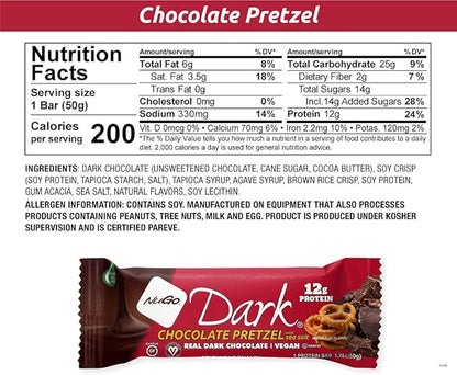 NuGo Dark Variety - Pretzel with Sea Salt 12 Bars & Peanut Butter Cup 12 Bars, 12g Protein Bar, Vegan, Gluten Free, Non-GMO, Kosher Pareve, 24 Count Variety