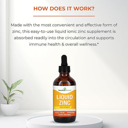 Liquid Zinc for Kids, Toddlers and Babies | 4 Oz Large Glass Bottle | Ionic Zinc Supplements Sulphate Drops | Immune Support | Easy to Take, Water Soluble | Unflavored