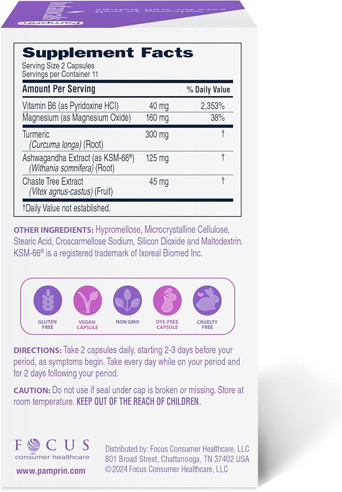 Pamprin Botanicals Supplement for PMS & Period Support, with Ashwagandha, Magnesium, Turmeric, Vitamin B6, Chasteberry, 22 Count
