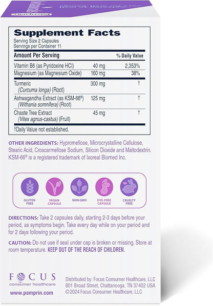 Pamprin Botanicals Supplement for PMS & Period Support, with Ashwagandha, Magnesium, Turmeric, Vitamin B6, Chasteberry, 22 Count