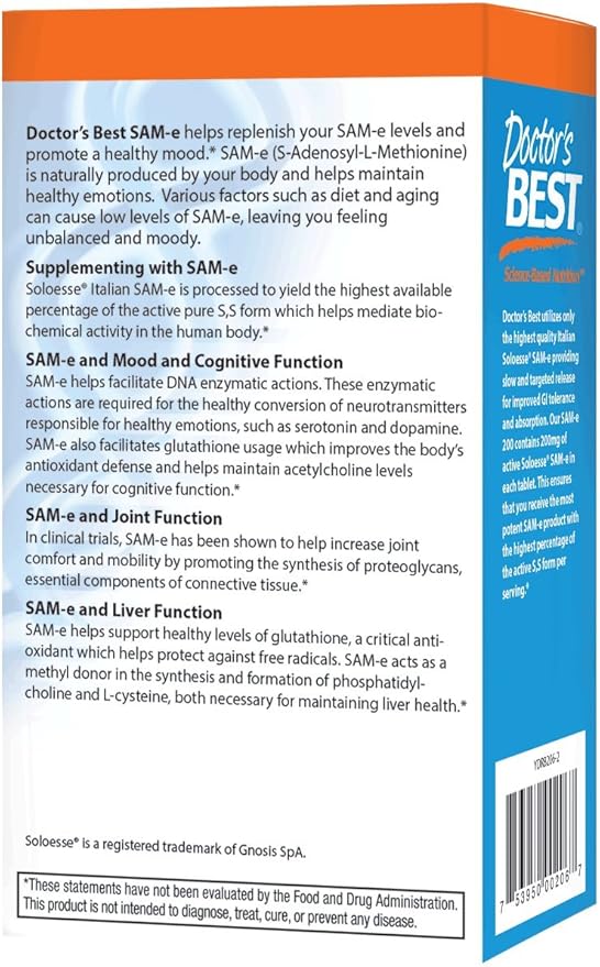 Doctor's Best SAM-e Mood & Joint Support & Liver Health (Pharmaceutical Grade/Non-GMO/Gluten Free/Vegetarian), Tablet, 60 Count (Pack of 1)