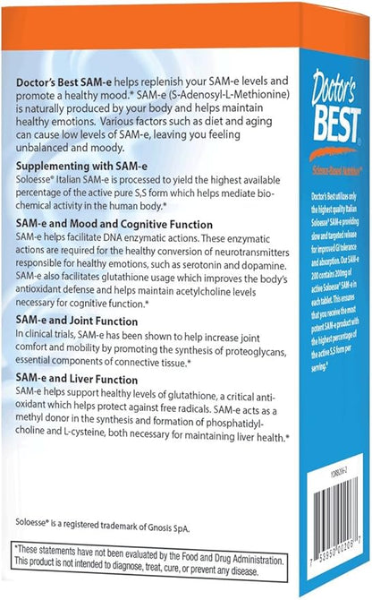 Doctor's Best SAM-e Mood & Joint Support & Liver Health (Pharmaceutical Grade/Non-GMO/Gluten Free/Vegetarian), Tablet, 60 Count (Pack of 1)