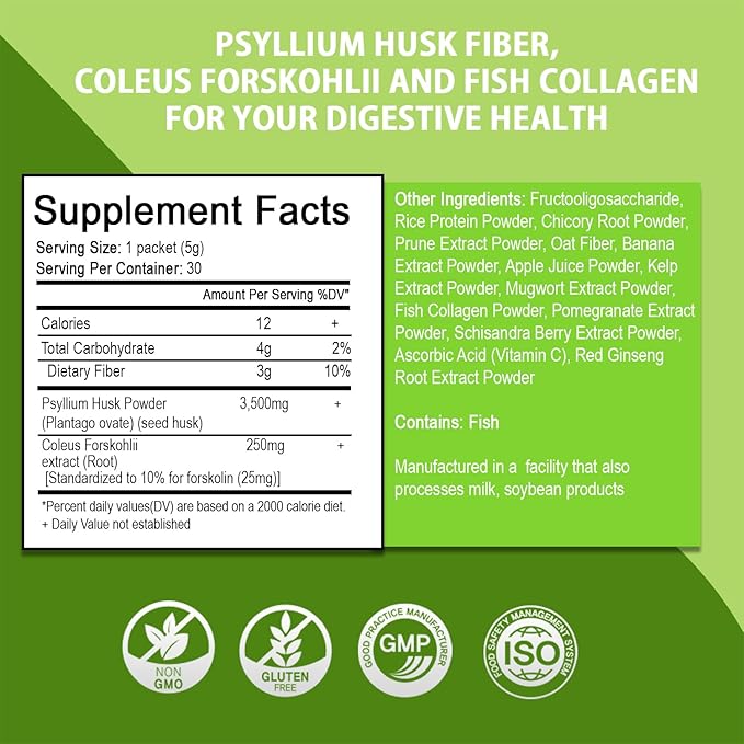 Psyllium Husk Fiber,Coleus Forskohlii,Fish Collagen Supplement for Digestive Health, Weight Management Colon Cleanse, Jangdabium 30 Packets
