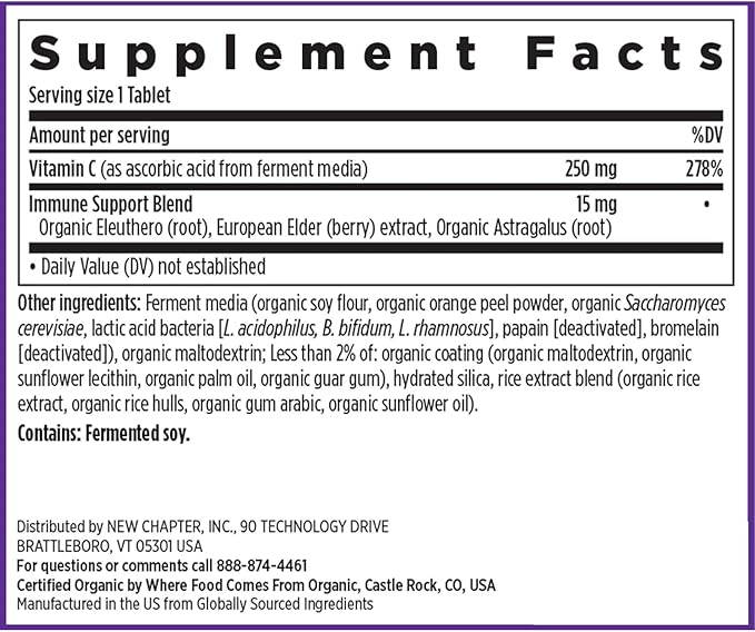 New Chapter Fermented Vitamin C + Elderberry, ONE Daily for Immune Support & Collagen Protection, Made with Organic Herbs, Certified Vegan, Gluten Free, 60 Count