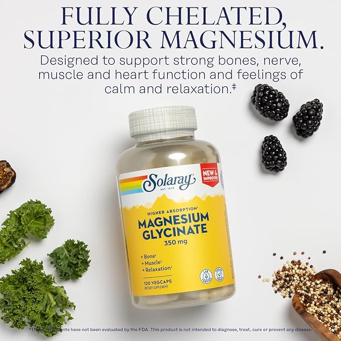 SOLARAY Magnesium Glycinate Capsules, Chelated Magnesium Bisglycinate w/BioPerine, Higher Absorption Magnesium Supplement - Bones, Muscles, Heart Support, Vegan, 275 Count (30 Servings, 120 VegCaps)
