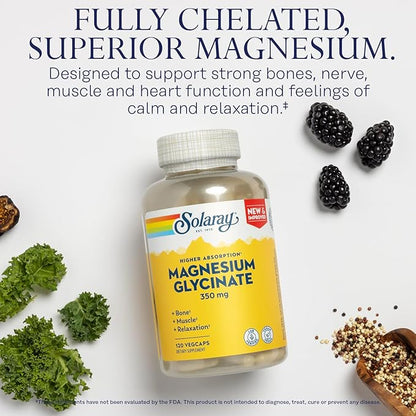 SOLARAY Magnesium Glycinate Capsules, Chelated Magnesium Bisglycinate w/BioPerine, Higher Absorption Magnesium Supplement - Bones, Muscles, Heart Support, Vegan, 275 Count (30 Servings, 120 VegCaps)