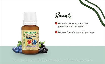 CHILDLIFE Essentials Organic Vitamin K2 Drops - Infant Toddler Baby Vitamin K, K2 Supplement, Vitamin K2 MK7, Liquid K2, Vitamin K Drops - Natural Berry Flavor, 0.25 Fl Oz (Pack of 1)
