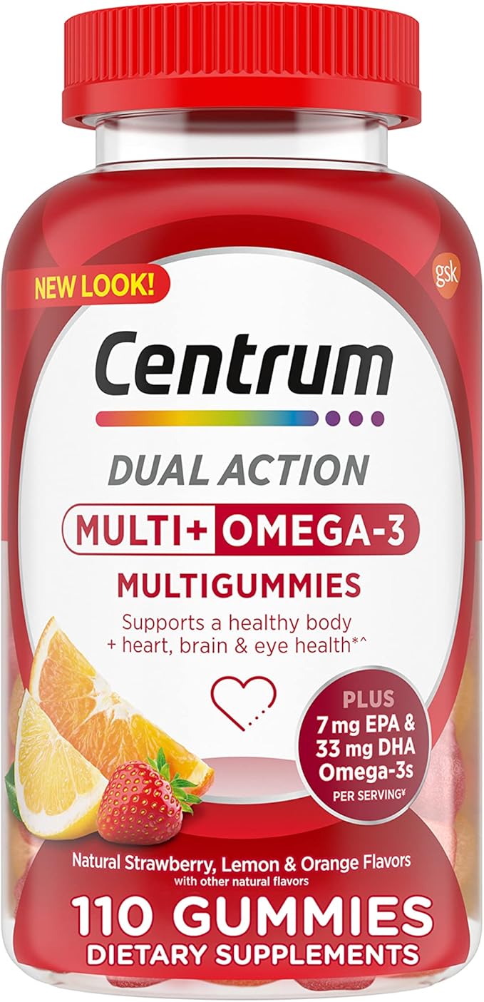 Centrum MultiGummies Multi+ Omega 3 Dual Action, Adult Multivitamin, Multivitamin/Multimineral/Omega 3 Supplement, Strawberry/Lemon/Orange Flavors - 110 Count