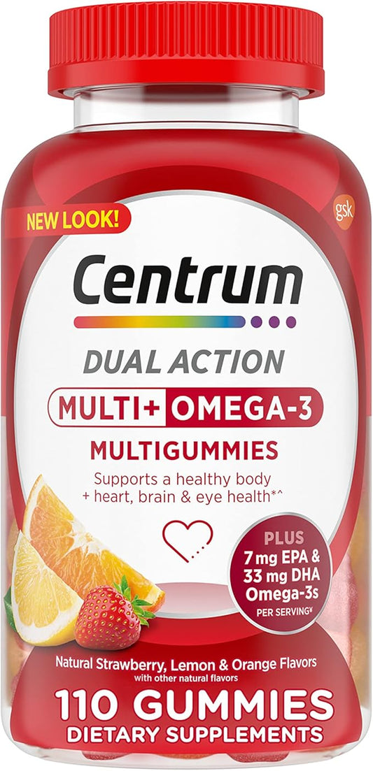 Centrum MultiGummies Multi+ Omega 3 Dual Action, Adult Multivitamin, Multivitamin/Multimineral/Omega 3 Supplement, Strawberry/Lemon/Orange Flavors - 110 Count