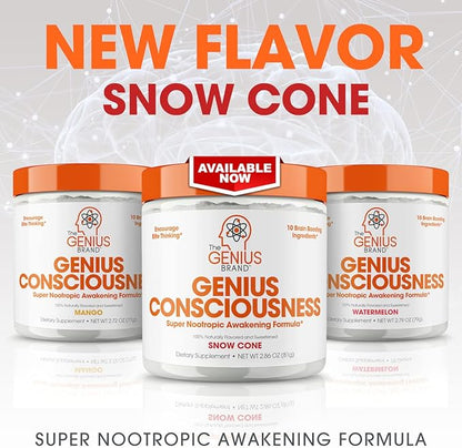 Genius Consciousness, Super Nootropic Brain Supplement Powder, Watermelon - Boost Focus, Cognitive Function, Concentration & Memory Booster - Alpha GPC & Lions Mane Mushroom for Neuro Energy & IQ