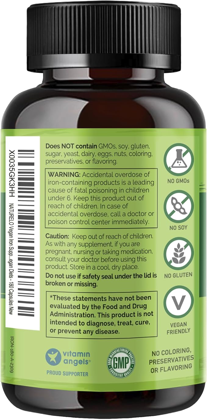 NATURELO Vegan Iron Supplement with Vitamin C and Organic Whole Foods - Gentle Iron Pills for Women & Men with Iron Deficiency Including Pregnancy, Anemia and Vegan Diets - 180 Mini Capsules