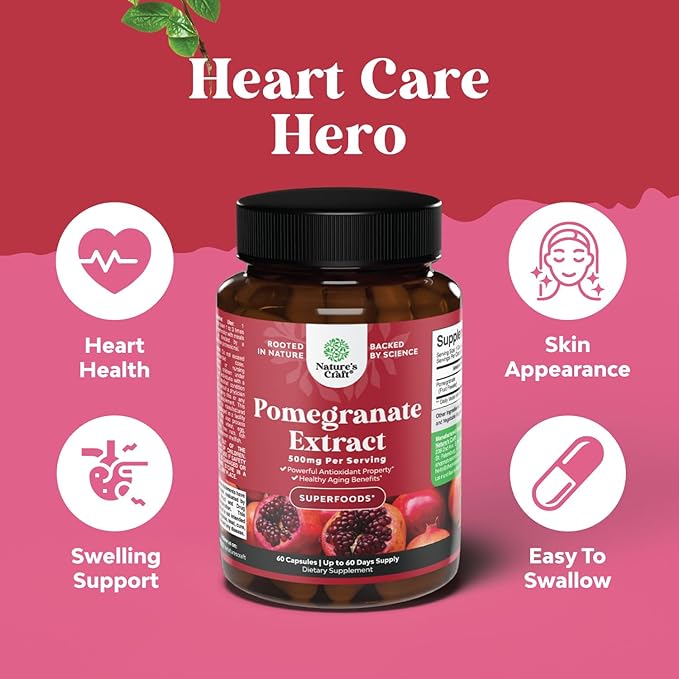 Pomegranate Extract Capsules Antioxidant Supplement - Natural Pomegranate Capsules for Heart Health Joint Support and Pre Workout for Men and Women - Nitric Oxide Supplement with Brain Health Vitamins