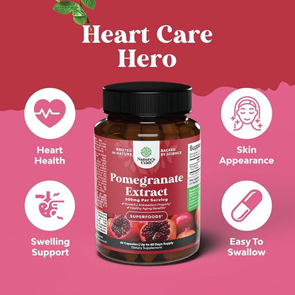 Pomegranate Extract Capsules Antioxidant Supplement - Natural Pomegranate Capsules for Heart Health Joint Support and Pre Workout for Men and Women - Nitric Oxide Supplement with Brain Health Vitamins
