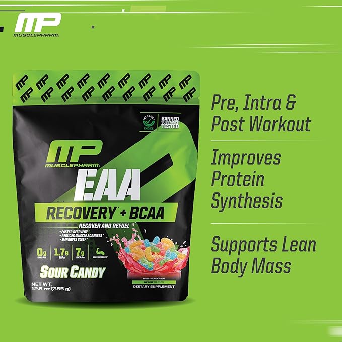 MusclePharm EAA Recovery + BCAAs, Post Workout Essential Amino Acids Powder, Pre Workout Energy Supplement for Men & Women with Branched Chain Amino Acids, 30 Servings (Sour Candy)