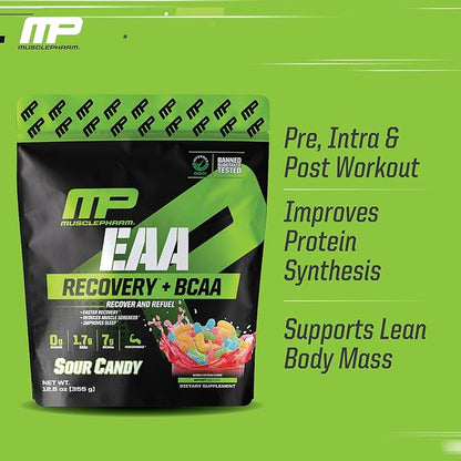 MusclePharm EAA Recovery + BCAAs, Post Workout Essential Amino Acids Powder, Pre Workout Energy Supplement for Men & Women with Branched Chain Amino Acids, 30 Servings (Sour Candy)
