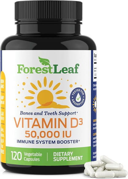 ForestLeaf Vitamin D3 50000 IU - Bone Health and Immune Support - Small Easy to Swallow Capsules - Non-GMO Gluten Free VIT D - VIT D3 Vitamin D Supplements for Women and Men, 120 Count