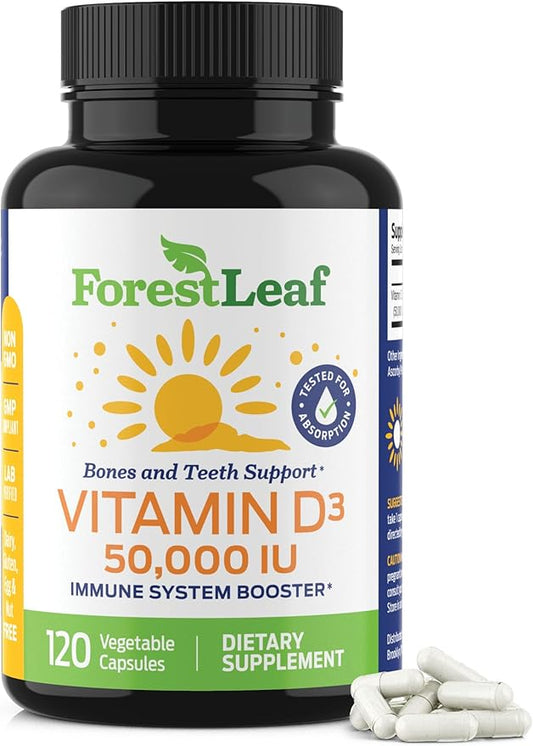 ForestLeaf Vitamin D3 50000 IU - Bone Health and Immune Support - Small Easy to Swallow Capsules - Non-GMO Gluten Free VIT D - VIT D3 Vitamin D Supplements for Women and Men, 120 Count