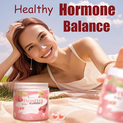 Inositol Multivitamin Gummies, Myo-Inositol&D-chiral Inositol Ideal 40:1 Ratio, Inositol Supplement with Omega-3, Magnesium, Folate, Hormone Balance, Raspberry Flavor, Sugar Free, 90 Count