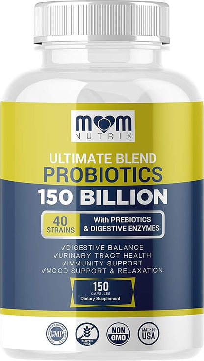 Probiotics 150 Billion CFU - 40 Strain Probiotics for Women, Probiotics for Men and Adults - Shelf Stable Probiotic with Organic Prebiotic - Acidophilus Probiotic - 150 Capsules - Made in USA