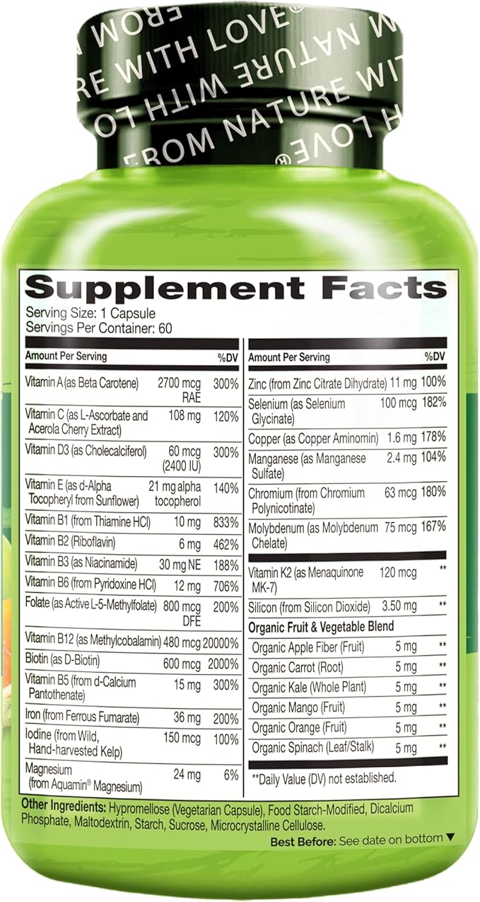 NATURELO Bariatric Multivitamin - One Daily with Iron - Supplement for Post Gastric Bypass Surgery Patients - Natural Whole Food Nutrition - 120 Veggie Capsules