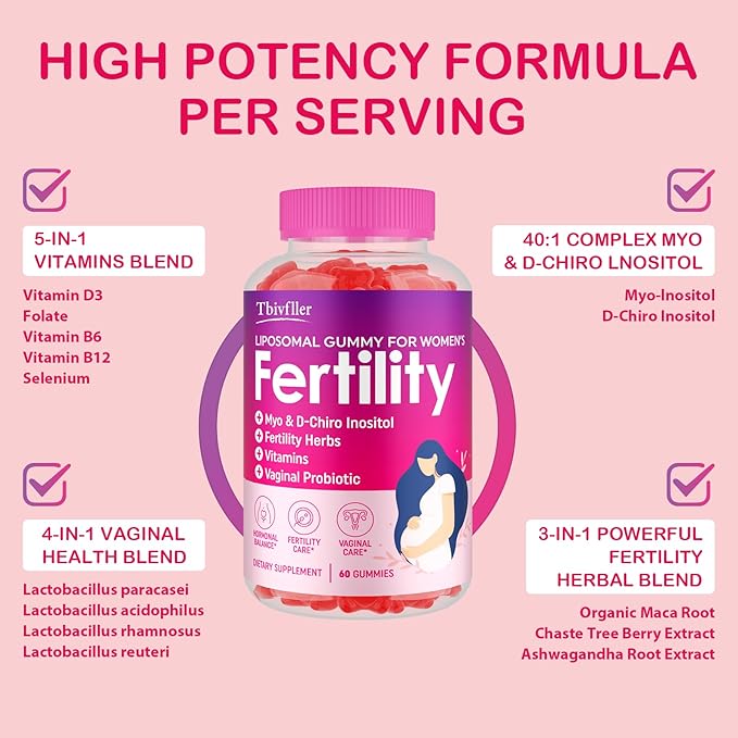 Fertility Supplements for Women, Prenatal Vitamins for Women with Myo-Inositol & D-Chiro Inositol, Folate, Herbs, for Hormonal Balance*, Fertility* & Vaginal Care*, 60 Prenatal Gummies (Raspberry)