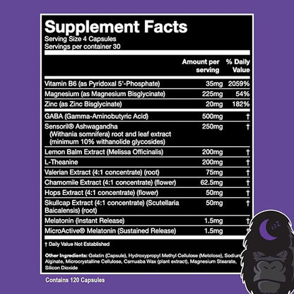 Gorilla Dream Sleep Supplement (120 Capsules) - Nootropic Infused Comprehensive Sleep & Recovery Supplement - GABA, Melatonin, Valerian Root, Magnesium, L-Theanine, Sensoril, Ashwagandha & More