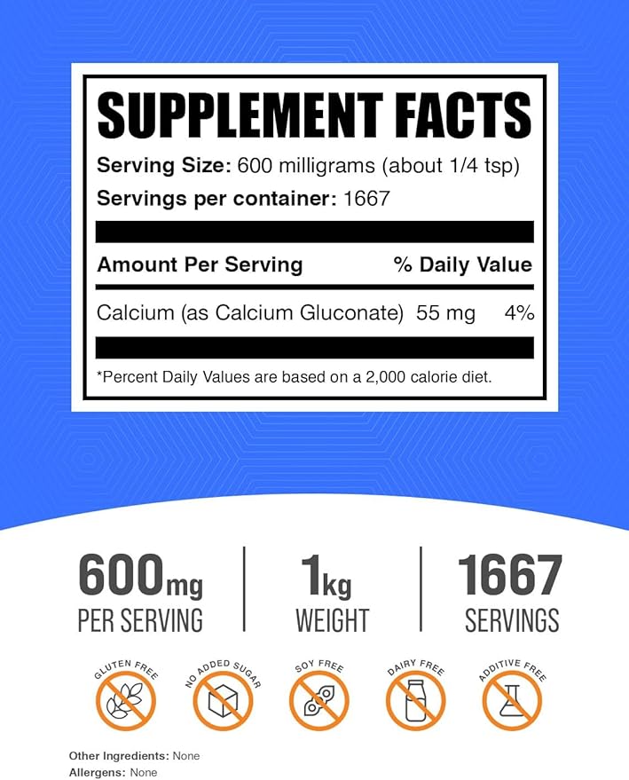 BulkSupplements.com Calcium Gluconate Powder - Calcium Powder Supplement, Calcium Gluconate Supplement - Gluten Free, 600mg (55mg Calcium) per Serving, 1kg (2.2 lbs) (Pack of 1)