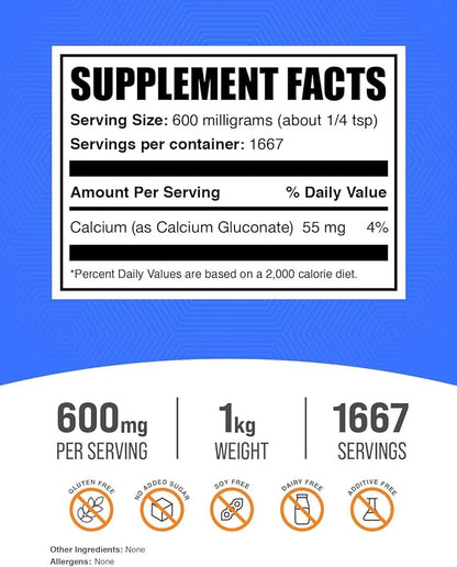 BulkSupplements.com Calcium Gluconate Powder - Calcium Powder Supplement, Calcium Gluconate Supplement - Gluten Free, 600mg (55mg Calcium) per Serving, 1kg (2.2 lbs) (Pack of 1)