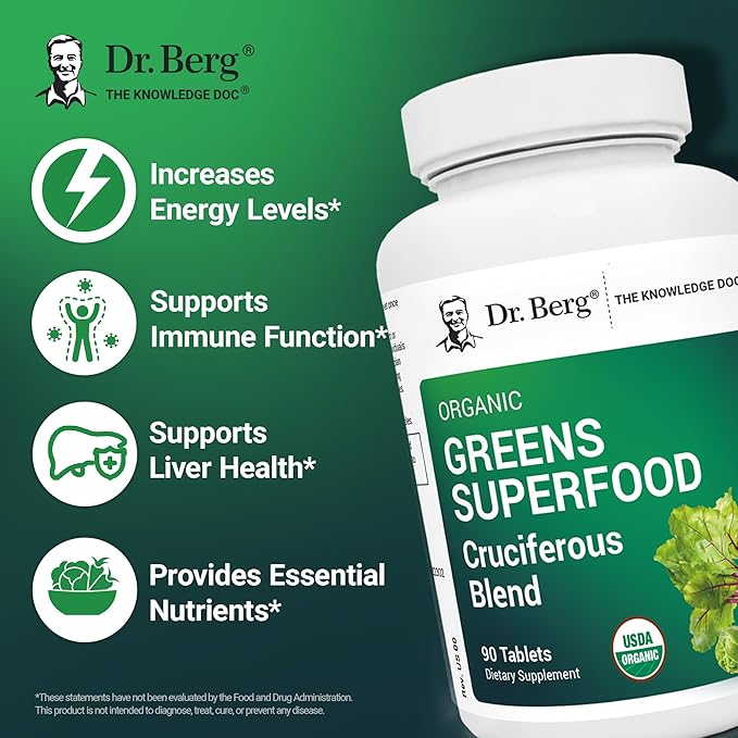Dr. Berg's Greens Superfood Cruciferous Vegetable Tablets - Vegetable Supplements for Adults w/ 11 Phytonutrient Super Greens Tablets - Energy, Immune System & Liver Veggie Tablets - 90 Tablets