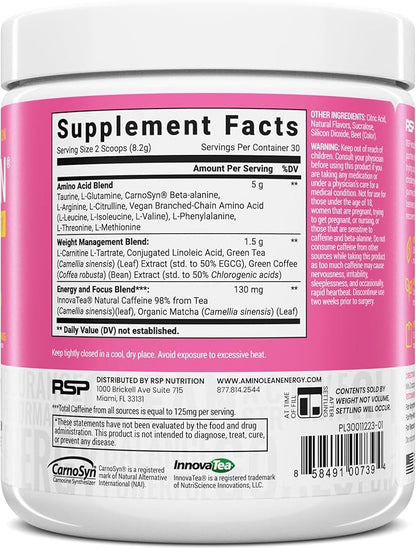RSP NUTRITION AminoLean Pre Workout Powder, Amino Energy & Weight Management with Vegan BCAA Amino Acids, Natural Caffeine, Preworkout Boost for Men & Women, 30 Serv, Pink Lemonade…