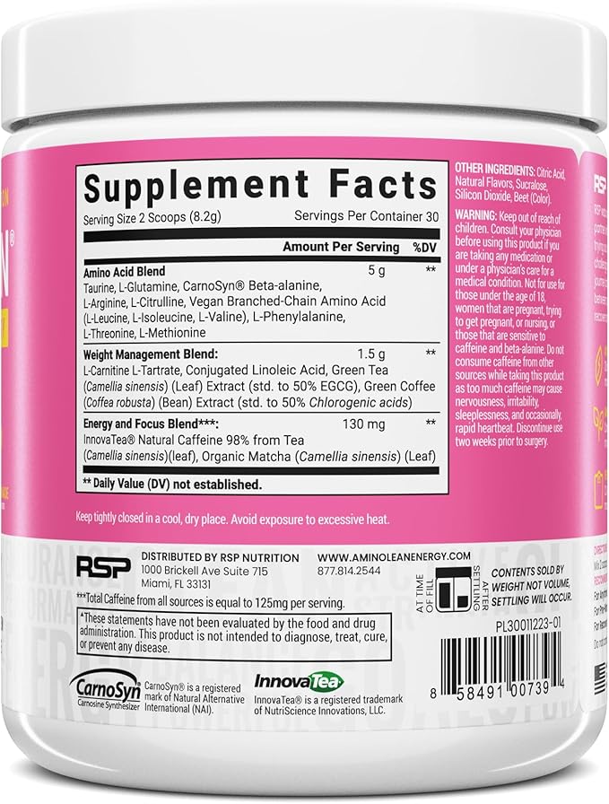 RSP NUTRITION AminoLean Pre Workout Powder, Amino Energy & Weight Management with Vegan BCAA Amino Acids, Natural Caffeine, Preworkout Boost for Men & Women, 30 Serv, Pink Lemonade…