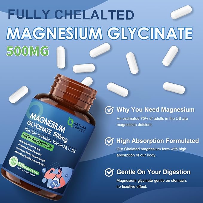 Magnesium Glycinate 500mg, Chelated Magnesium with Zinc & Vitamin D3 for Muscle, Nerve and Bone, Support Heart Health & Leg Cramp, Strength Immune System - 120 Capsules